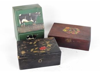 A Trio Of Chippy Painted Folk Art Vintage Boxes
