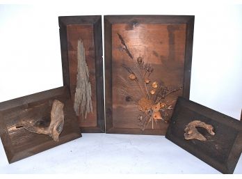 Quartet Of Driftwood/Dried Flowers Vintage Art