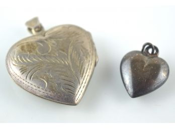 Two Heavily Patinated Sterling Puffy Hearts - One Is A Locket