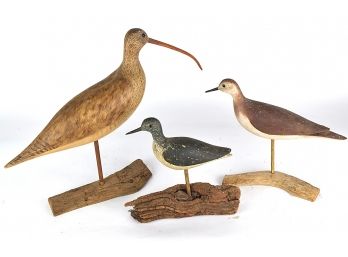 Three Original Hand-Carved/Painted Shore Birds, Signed N.E. Wright