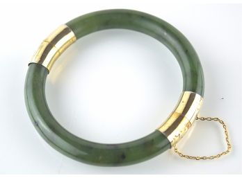 Jade Or Dark Jadeite Glass(?) Hinged Bangle With Gold Findings