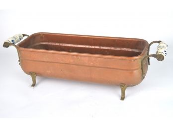 Extra Long Antique Copper/Brass Footed Container With Delft Handles