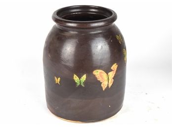 Highly Unusual And Rare Butterfly Decorated Glazed Antique Stoneware Vessel