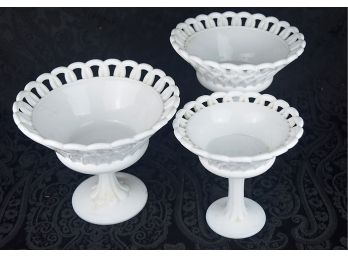 Three Lace-Edged Antique Milk Glass Raised Pedestal Bowls