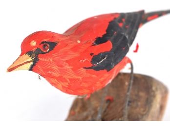Painted Wood Red Bird Figure Mount