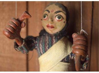 Eerily Watchfull Antique Handmade Spooky Marionette - Nepalese Woman In Ethnic Dress