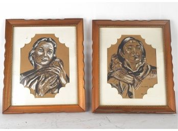 1943 Pair Of Signed Original Sepia-Toned Mother And Child Paintings