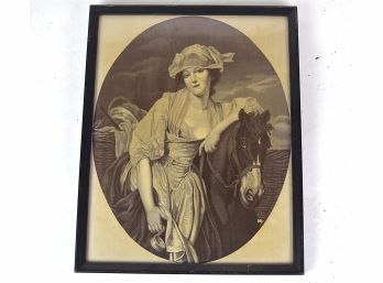 Blasé Beauty On Horse; Antique Art Print In Oval