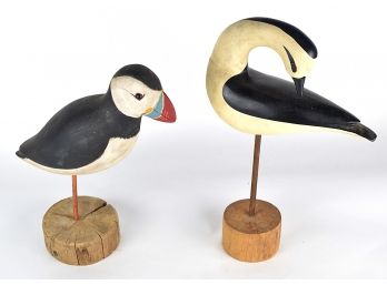 Hand Carved And Painted Shore Bird Figures; 1 Signed N.E. Wright