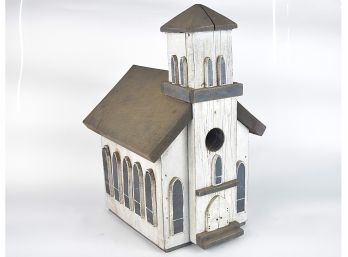 Wonderful Tramp Art Old Church With Steeple Birdhouse