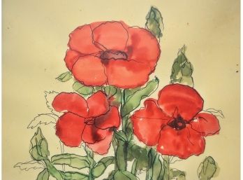 Three Pen And Ink Floral Watercolor Studies: Poppies, Irises, Peonies, Snapdragons; Framed Under Glass