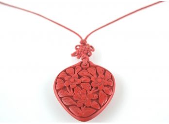 Finely Carved Flowers On Cinnabar Vintage Heart Necklace