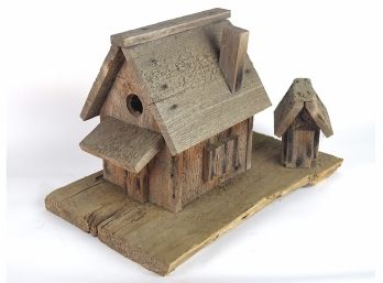 Old Weathered Tramp Art Handmade Birdhouse With Outhouse