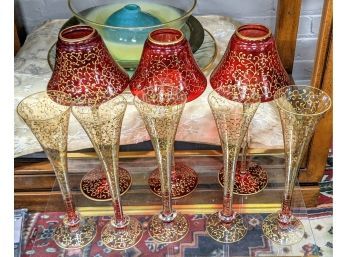 5 Festive Fluted Champagne Glasses Paired With Matching Candle Holders