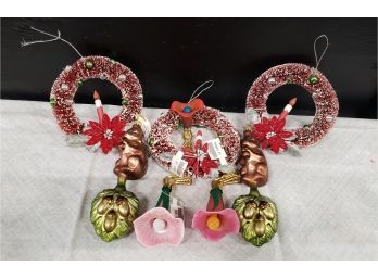 Grouping Of Christmas Ornaments, 3 Wreaths, 2 Glass Flowers, 2 Squirrels