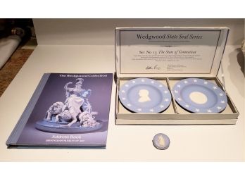 Wedgwood State Seal Series 'Connecticut' Plates, Wedgewood Pin Of Woman, And Wedgewood Address Book