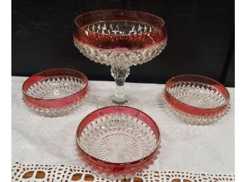 Vintage Red Glass Footed Bowl With 3 Smaller Bowls