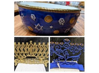 Hanukkah Serving Bowl And Two Menorah, Blue & Gold