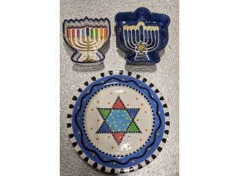 Star Of David Platter And Two Small Menorah Bowls For Hanakkah