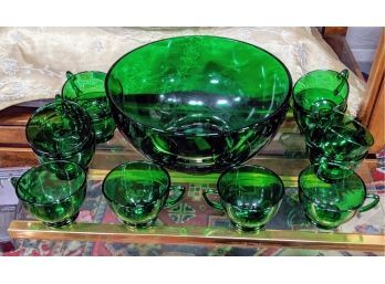 Stunning Vintage Punch Bowl Set With 12 Cups In Xmas Green Glass