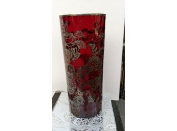 Vintage Ruby Vase With Etched Sterling Silver Design - Gorgeous!!