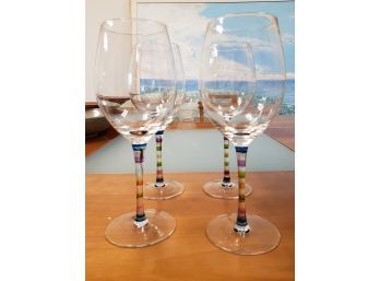 Set Of 4 Festive Multi Colored Stemmed Large Wine Glasses