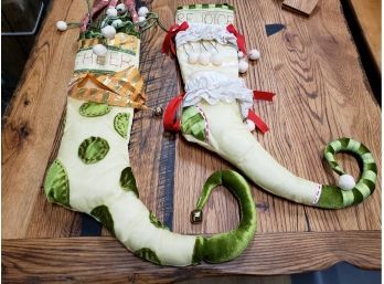 2 Adorable Elf Christmas Stockings, Cheer And Rejoice