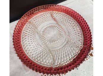 Pretty Red Glass Divided Vintage Platter- Perfect For The Holidays!