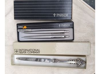 2 Parker Ball Point Pens And Plated Silver Letter Opener