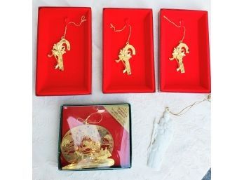 5 Ornaments, 3 24K Gold Finish Candy Canes, 1 Porcelain Wise Man, And Dimensional Horse And Buggy 24K Ornament