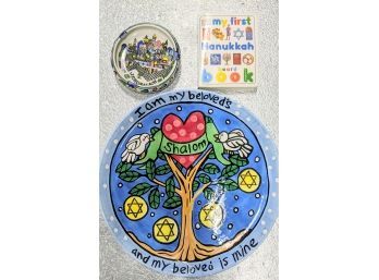 Hanukkah Round Platter, Small Jerusalem Bowl And Babies First Hanukkah Book