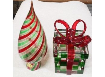 Murano Red/green Christmas Tree And Glass Wrapped Gift