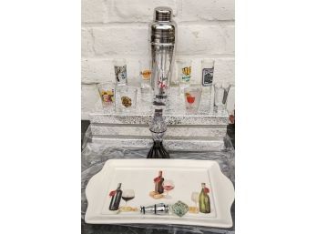 Wine Platter, Collection Of Shot Glasses, Glass Wine Stopper And Cocktail Shaker