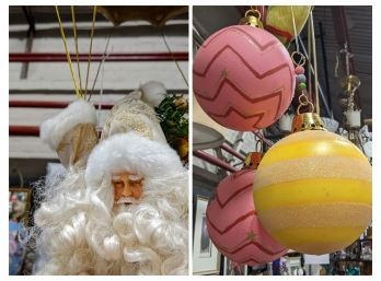 Wow, Designer Santa Flying In A Hot Air Balloon?  With Three Extra Large Balloon Size Hanging Ornaments