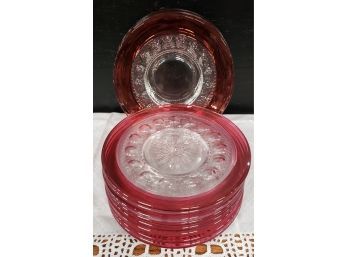 11 Red Rose Colored Cut Glass Dessert/salad Plates, (3) Are 7.5 Inches And (8) Are 8.5 Inches