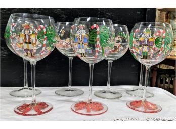 7 Handpainted Christmas Wine Glasses, 4 Santas And 3 Nutcrackers