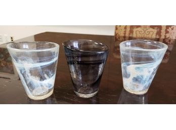 3 Glass Kosta Boda Tumblers With Cool Swirl Design, Signed UVH