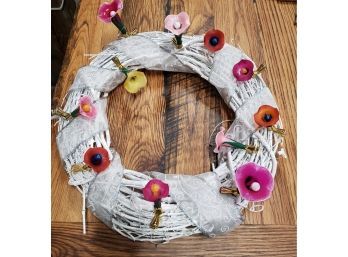 Pretty White Wreath With 11 Rare, Colorful, Glass, Flower Ornaments