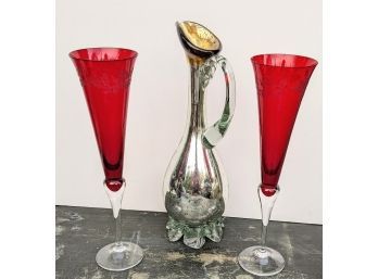 Vintage, Mercury Glass Pitcher Paired With 2 Ruby Red Etched Holly Champagne Flutes