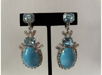 Dramatic Mimi Di Niscemi Faux Turquoise Cabochon & Rhinestone Earrings