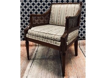 Vintage Cane Sided Upholstered Hollywood Regency Style Arm Chair