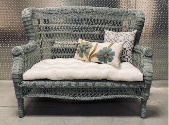 Beautiful Blue/Grey Painted Wicker Love Seat With Cushion & Throw Pillows