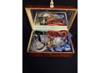 Wooden Dresser Box / Jewelry Box With Costume Jewelry