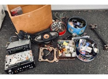 Box Lot Of Vintage Car Radios And Parts