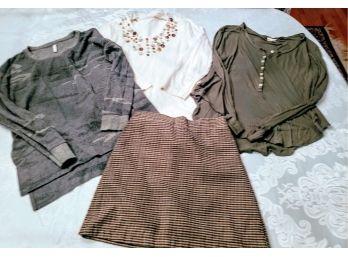 3 Shirts, Z Supply Camo Shirt, Ralph Lauren Henley, Norm Thompson And American Eagle Houndstooth Skirt