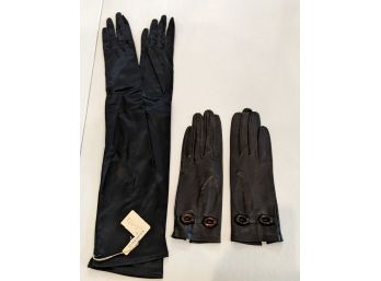 2 Pairs Of Gloves, 1 Leather Child's From Italy, The Other Long, Black Satin From R. H. Stearns XS