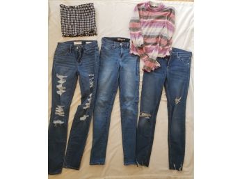 3 Pairs Of Jeans,  Pacsun, Bullshead And Free People Size 25 And John Galt Tube Top S, LA Hearts Turtleneck M