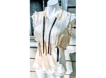 Pretty Cream Colored Lace Blouse With Leather Ties