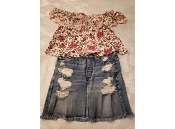 American Eagle Off The Shoulder Shirt And Jeans Skirt