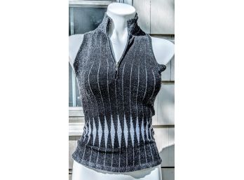 Sleeveless Stretchy Sweater Top By Essendi Zip Down Front And Diamond Motif -